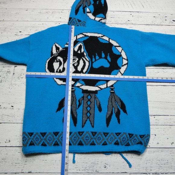 Tejidos Ruminahui Sweater Mens Large Wolf Dreamcatcher Hooded Jacket Ecuador - Picture 8 of 10